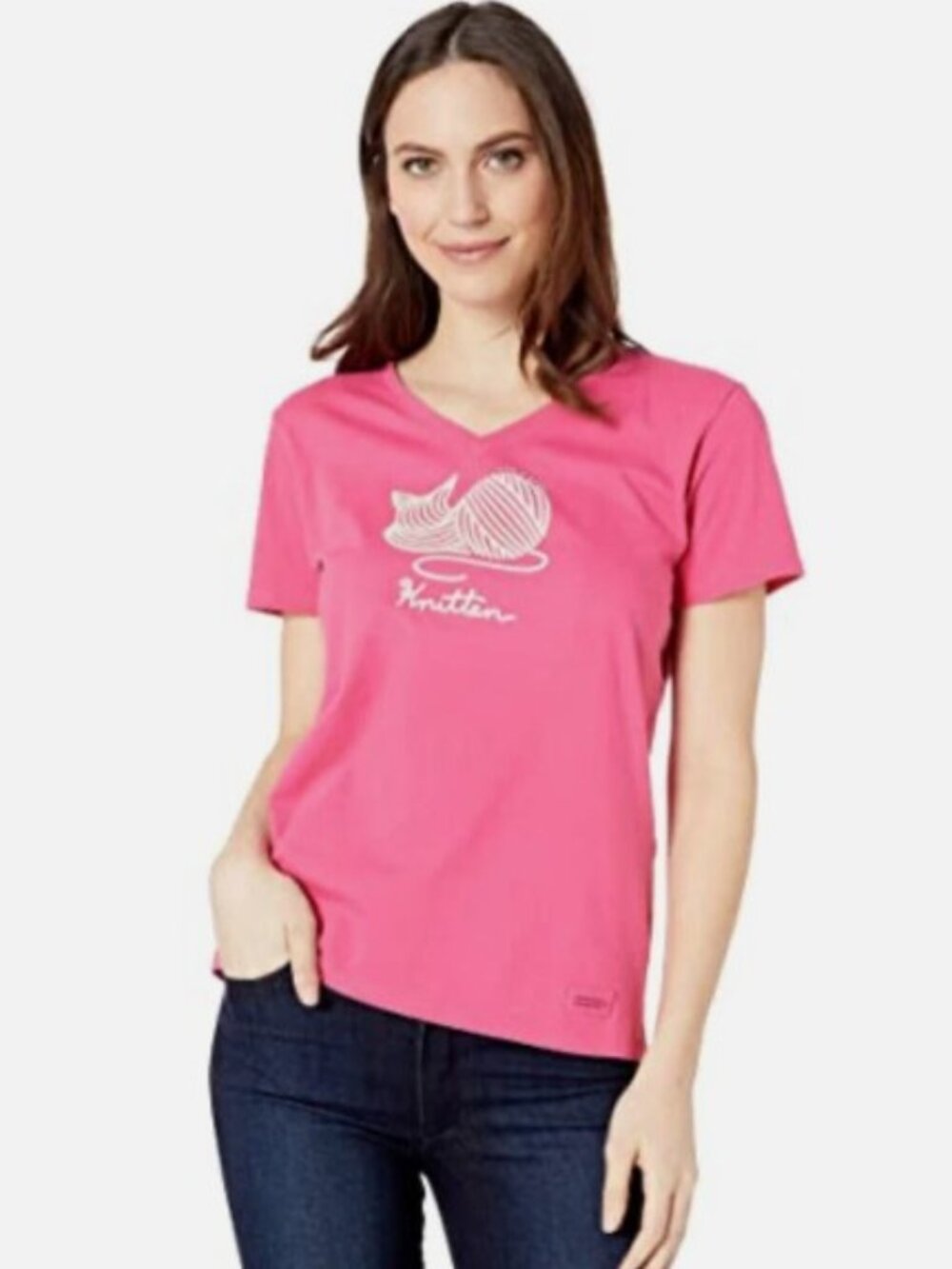 NWOT Life Is Good Women's Knit Cat Kitten Yarn Pink V-Neck Top Size M